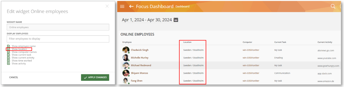 Location Information on Online Employees Widget
