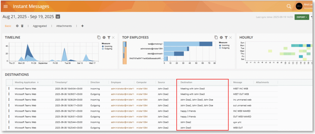 Instant Messages BI Report - with Destinations column highlighted