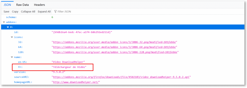 JSON schema showing how Firefox plugin name is captured