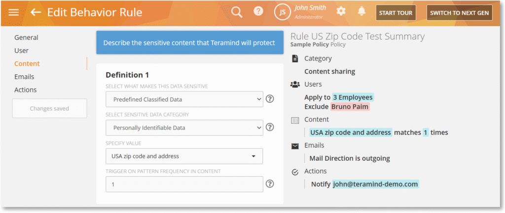 Screenshot showing a Content Sharing behavior rule using the Personally Identifiable Data category in Predefined Classified Data for USA zip code and address