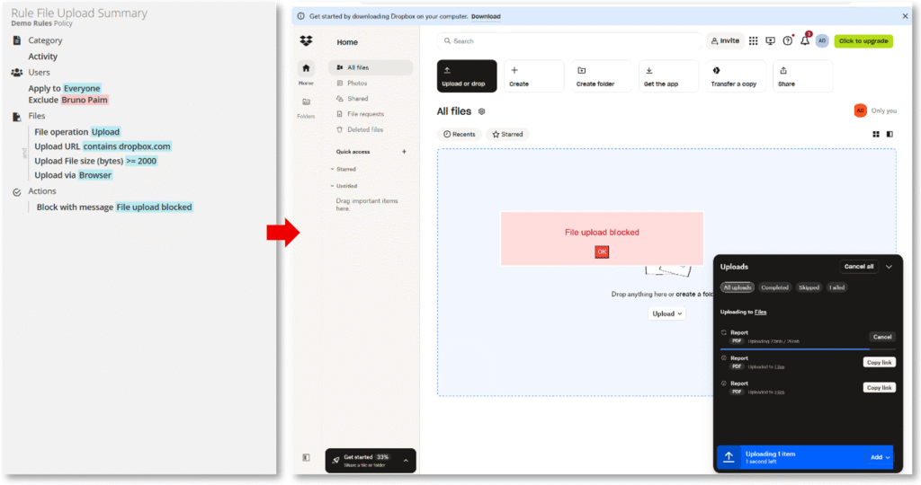 Screenshot showing how file uploads in updated Dropbox is detected via a Files upload behavior rule