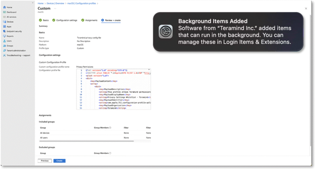 Screenshot showing mobileconfig configurations in Intune and a Background Items Added dialog on Mac