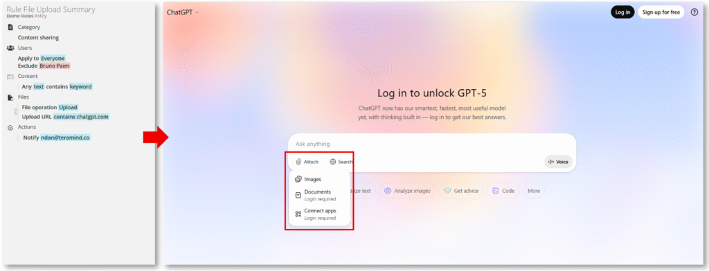 Screenshots showing Files Content Sharing rule and ChatGPT file Attach options.