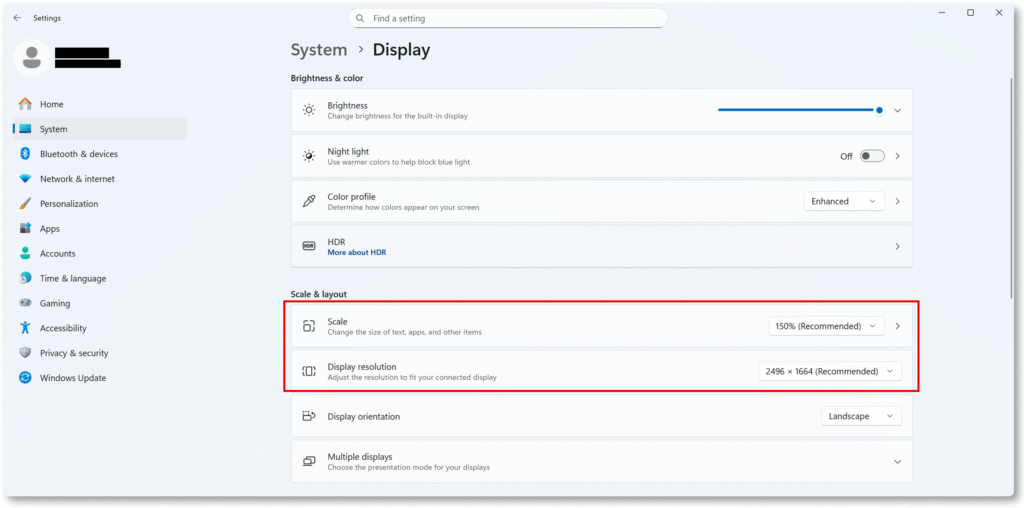 Windows System > Display screenshot showing Scale and Display resolution options.