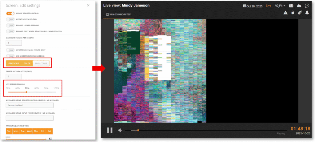 Screenshot showing Screen monitoring settings and their result