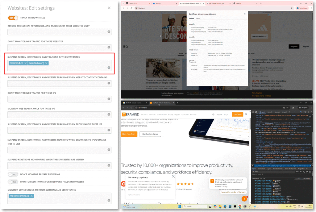 Websites SUSPEND monitoring option and their affect on screen recording.