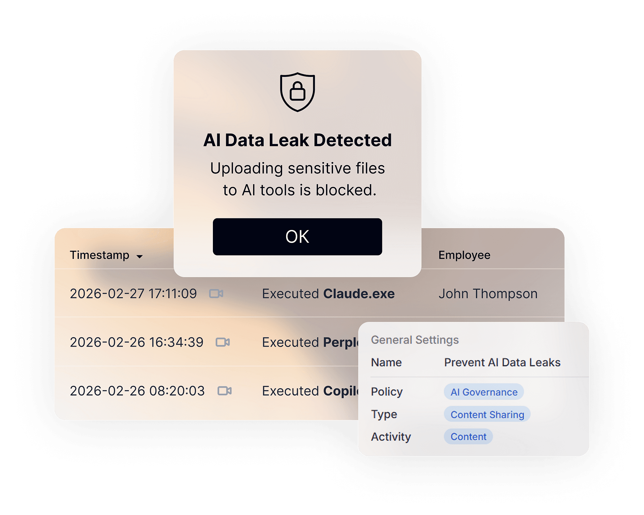 Teramind DLP policy rules editor showing content-based rule conditions and actions